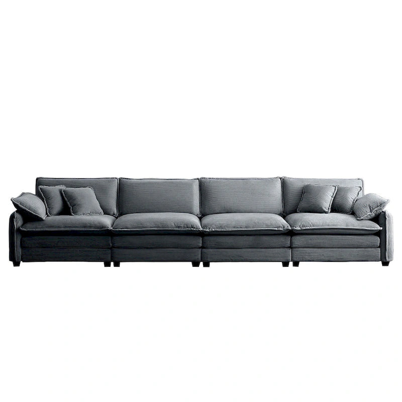 Canapé modulable 4 places en velours côtelé gris 150, 6 oreillers