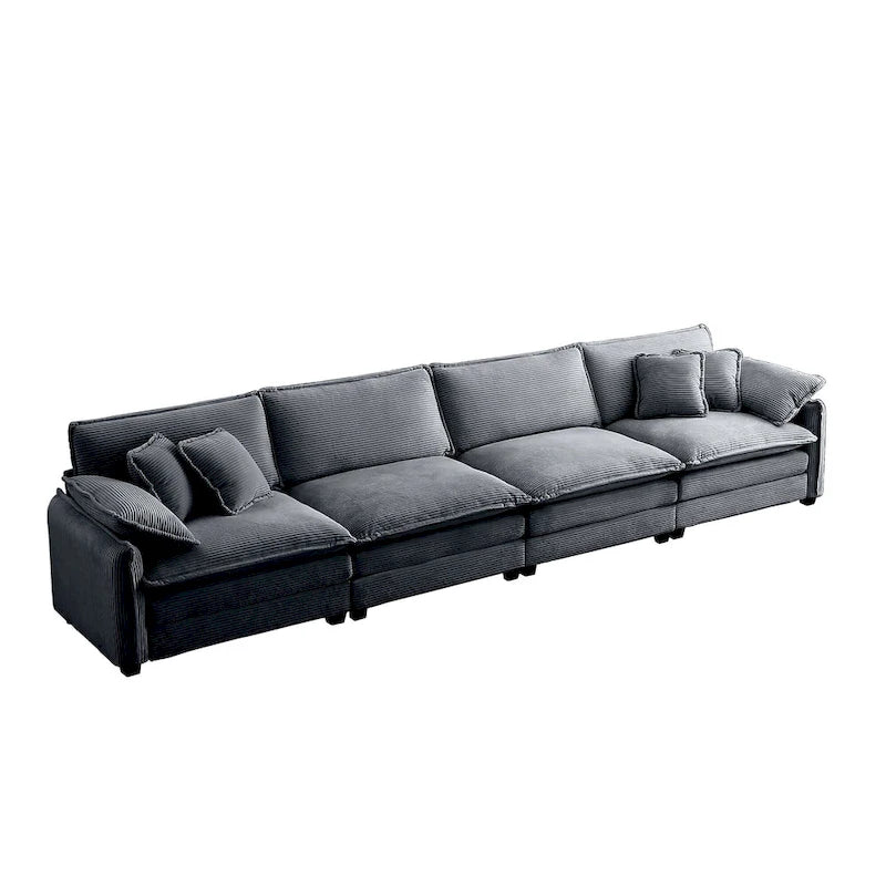 Canapé modulable 4 places en velours côtelé gris 150, 6 oreillers