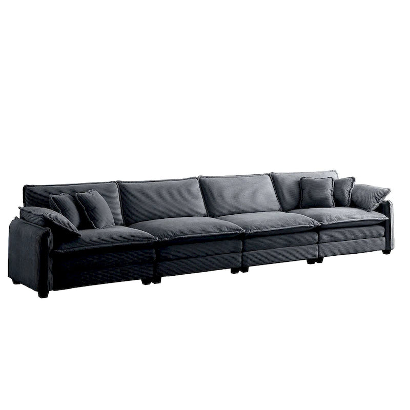 Canapé modulable 4 places en velours côtelé gris 150, 6 oreillers