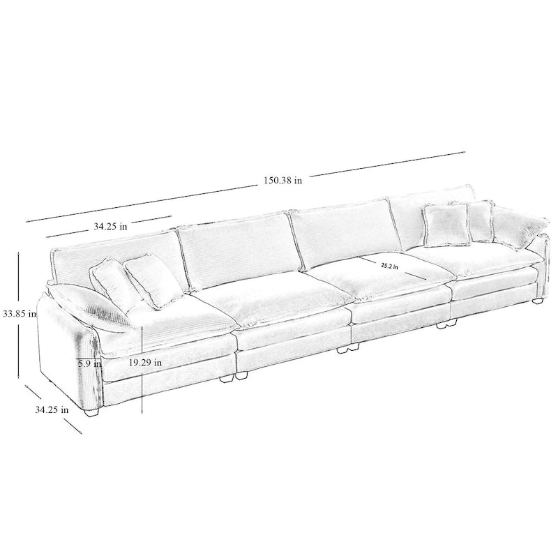 Canapé modulable 4 places en velours côtelé gris 150, 6 oreillers