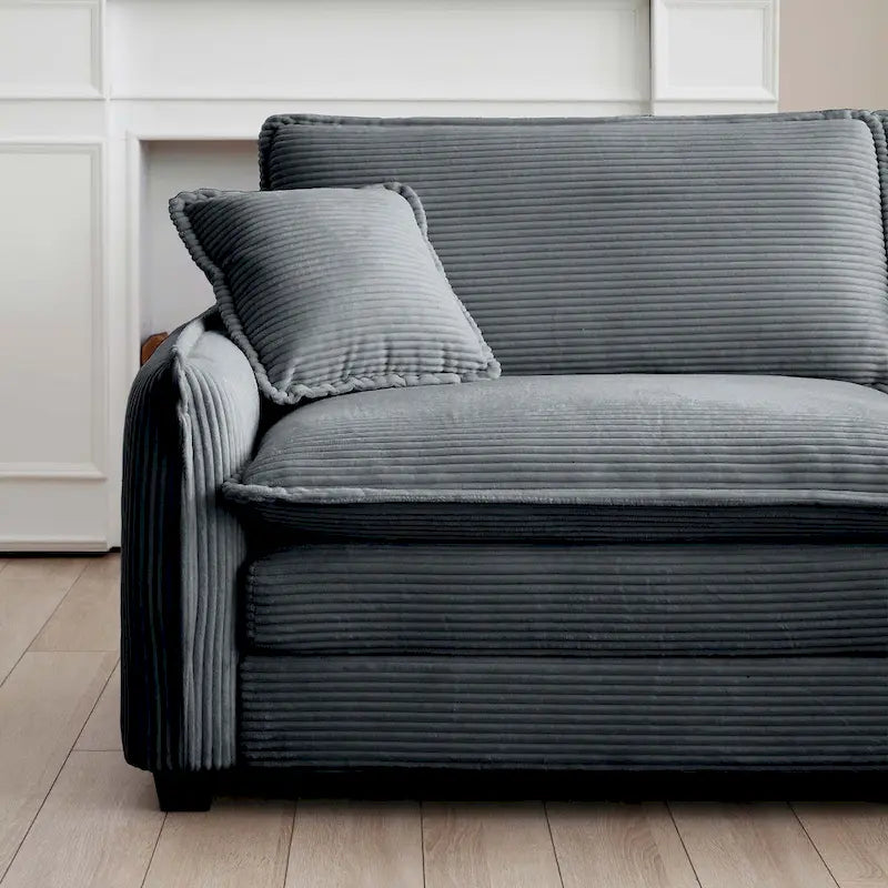 Canapé modulable 4 places en velours côtelé gris 150, 6 oreillers