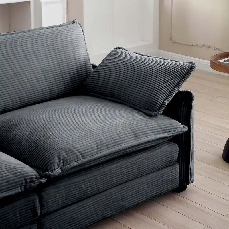 Canapé modulable 4 places en velours côtelé gris 150, 6 oreillers