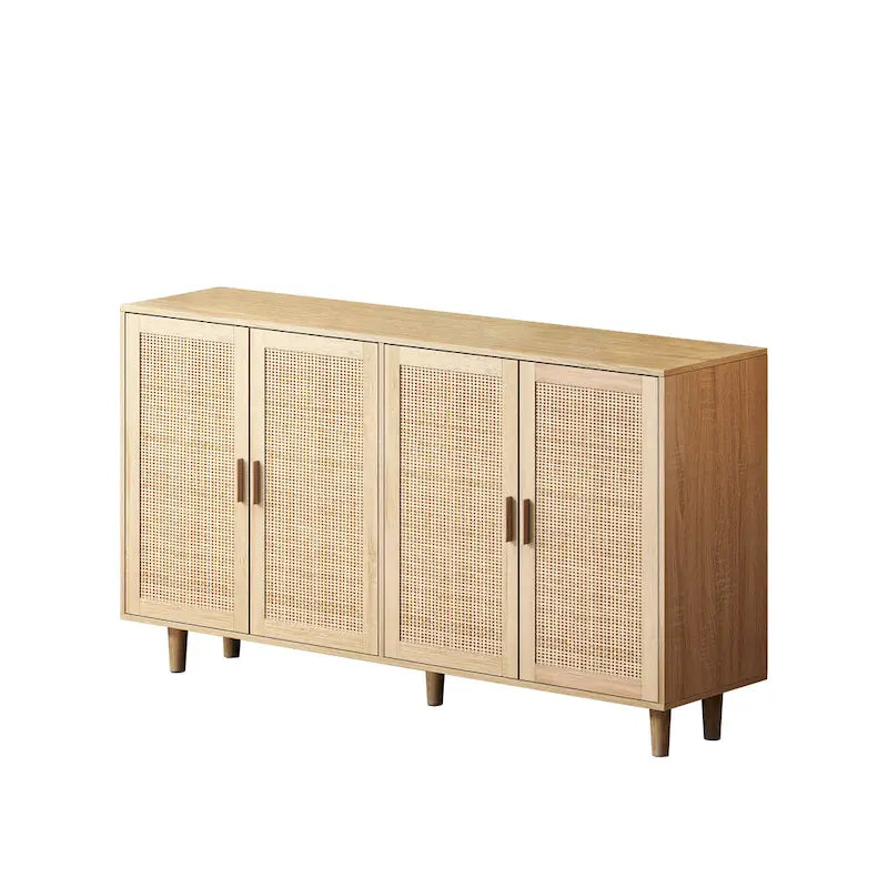 Bahut de rangement décoratif moderne en rotin à 4 portes avec étagères réglables pour chambre à coucher, salon
