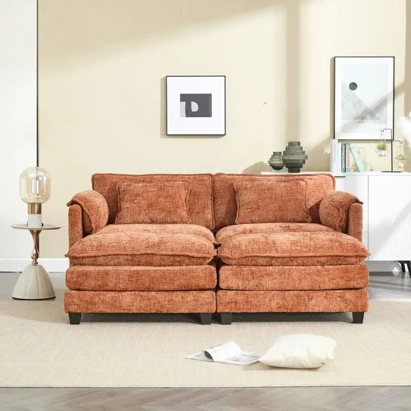 Canapé rembourré en chenille 76,77 avec 2 poufs