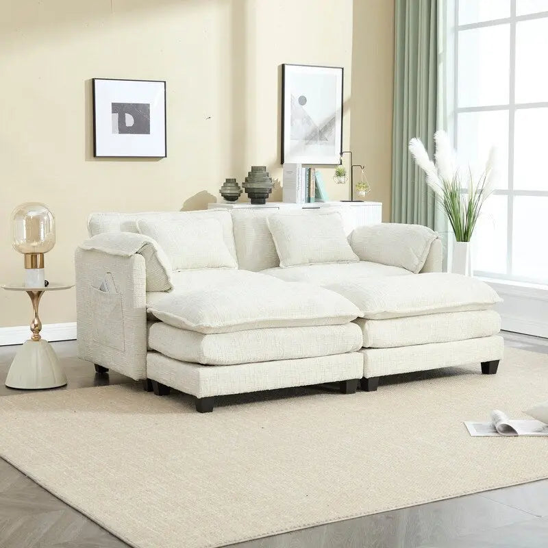 Canapé rembourré en chenille 76,77 avec 2 poufs