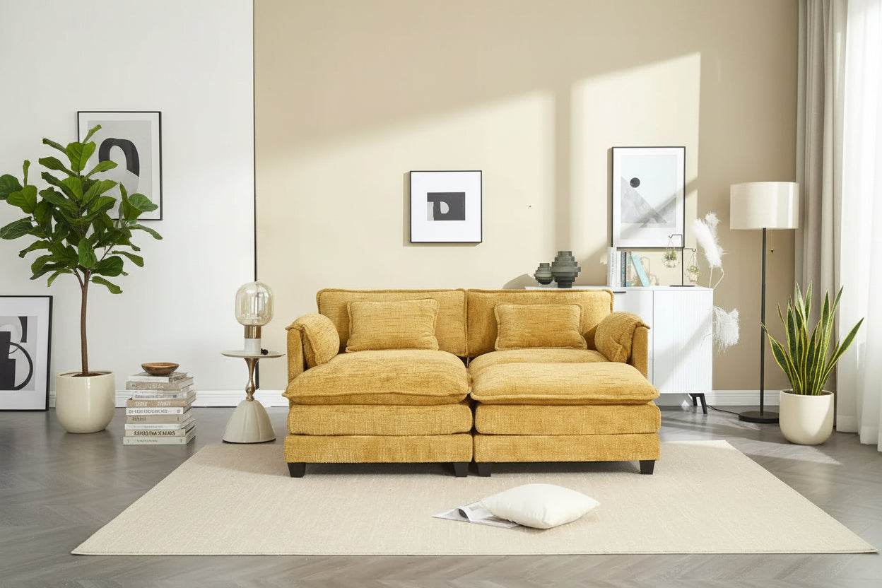 Canapé rembourré en chenille 76,77 avec 2 poufs