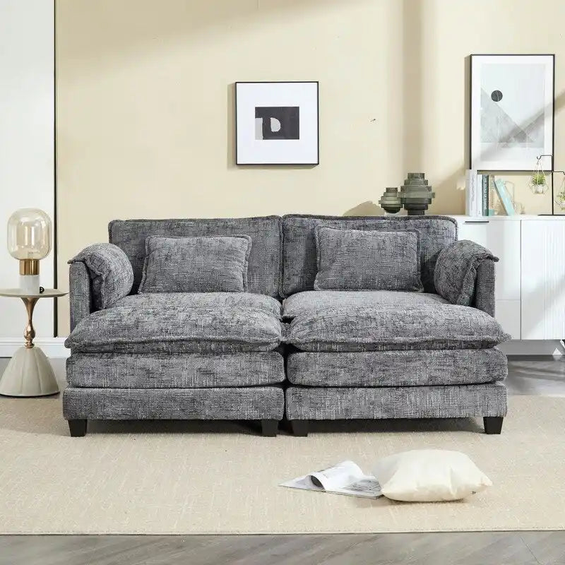 Canapé rembourré en chenille 76,77 avec 2 poufs
