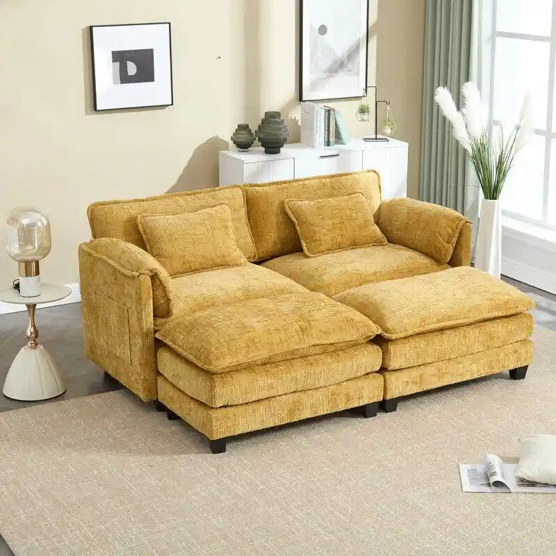 Canapé rembourré en chenille 76,77 avec 2 poufs