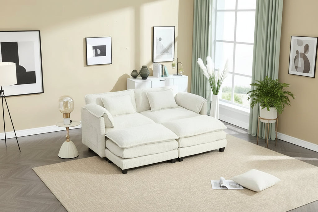 Canapé rembourré en chenille 76,77 avec 2 poufs