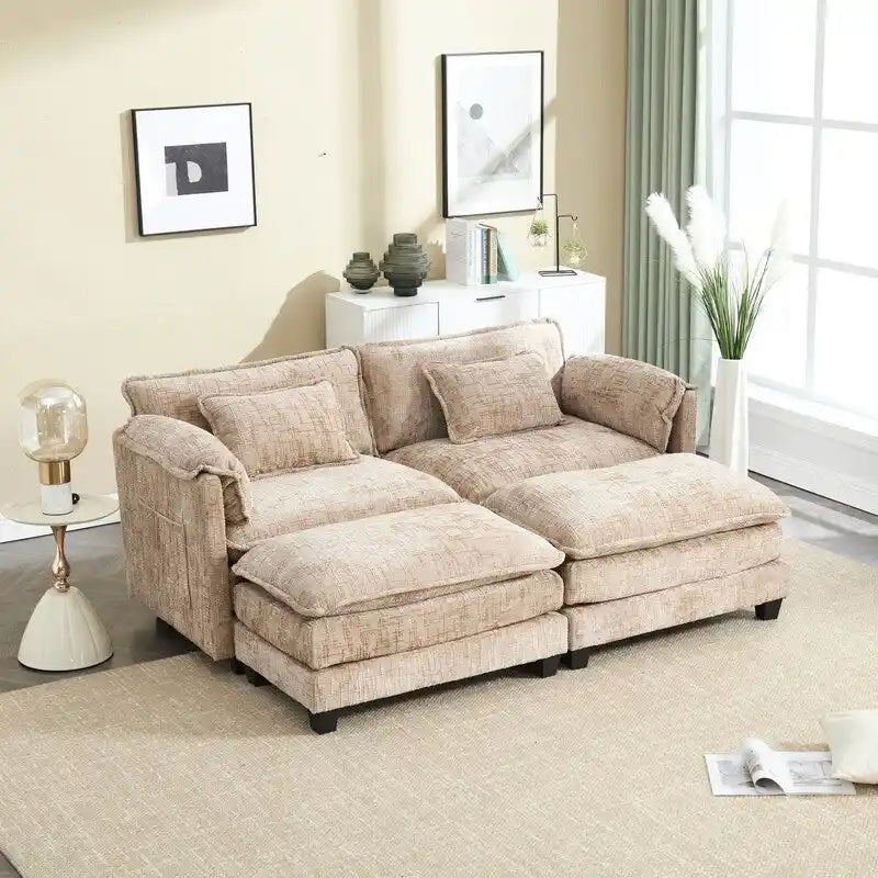 Canapé rembourré en chenille 76,77 avec 2 poufs