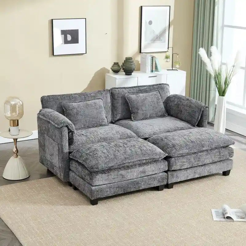 Canapé rembourré en chenille 76,77 avec 2 poufs