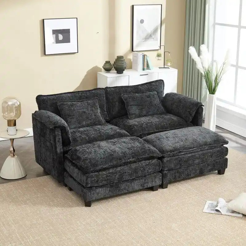 Canapé rembourré en chenille 76,77 avec 2 poufs
