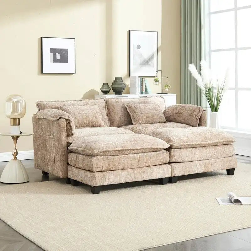 Canapé rembourré en chenille 76,77 avec 2 poufs