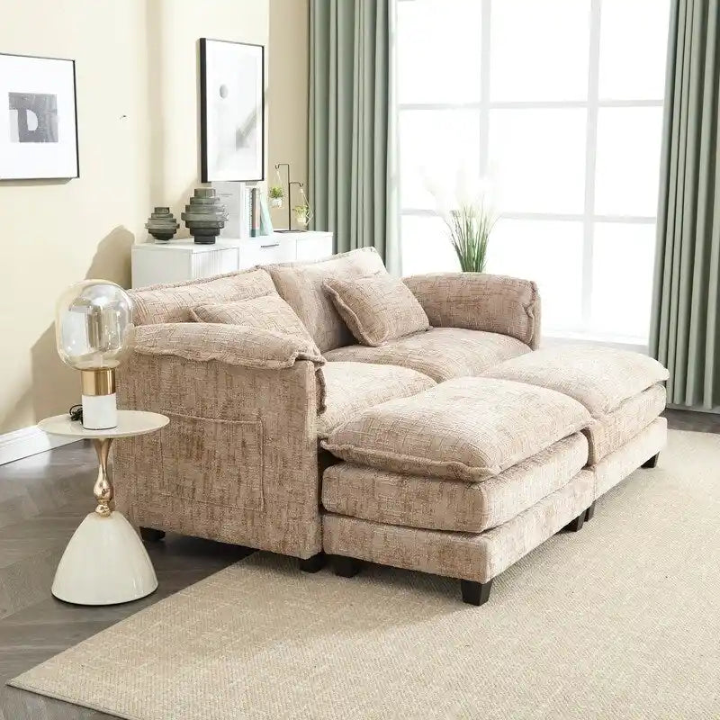 Canapé rembourré en chenille 76,77 avec 2 poufs
