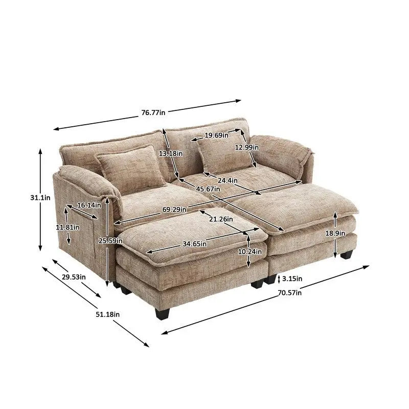 Canapé rembourré en chenille 76,77 avec 2 poufs