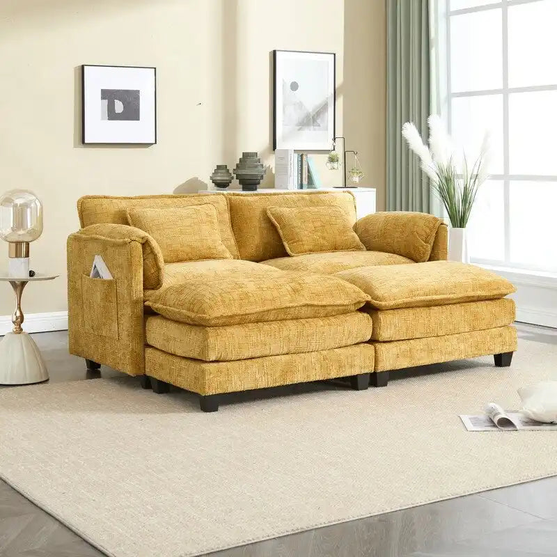 Canapé rembourré en chenille 76,77 avec 2 poufs