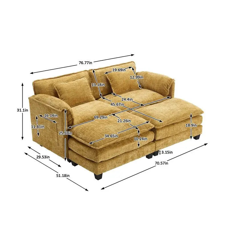 Canapé rembourré en chenille 76,77 avec 2 poufs