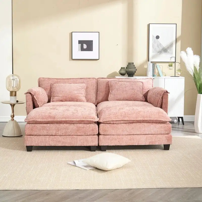 Canapé rembourré en chenille 76,77 avec 2 poufs