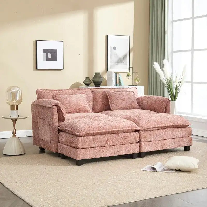 Canapé rembourré en chenille 76,77 avec 2 poufs