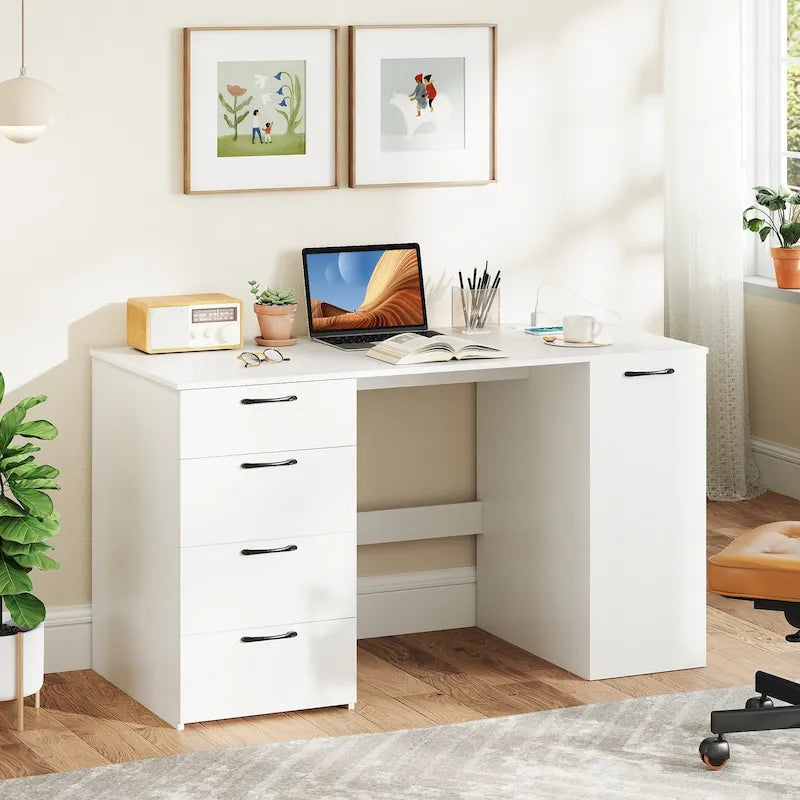 Bureau à Domicile 135 cm avec Ports USB, Prises et Tiroirs de Rangement