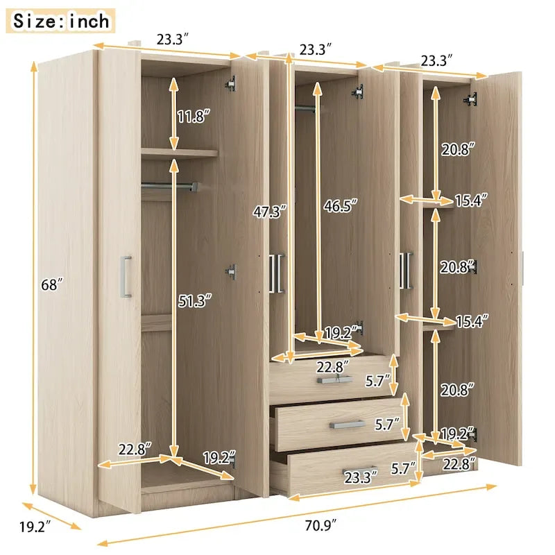 Armoire de rangement en bois à 6 portes avec 3 grands tiroirs pour chambre à coucher
