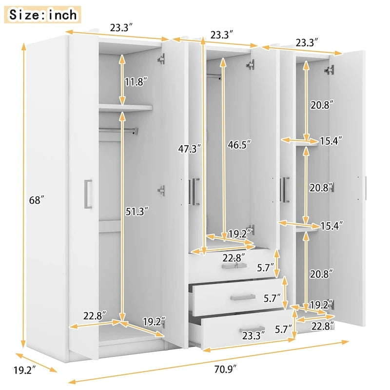 Armoire de rangement en bois à 6 portes avec 3 grands tiroirs pour chambre à coucher