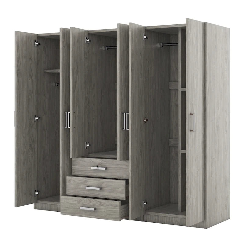 Armoire de rangement en bois à 6 portes avec 3 grands tiroirs pour chambre à coucher