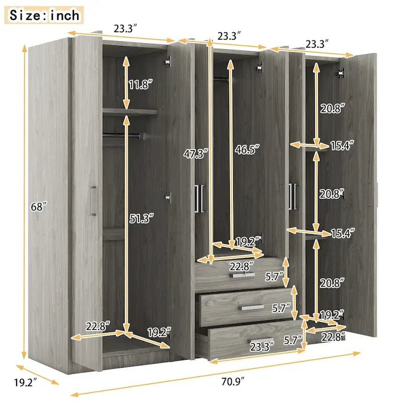 Armoire de rangement en bois à 6 portes avec 3 grands tiroirs pour chambre à coucher