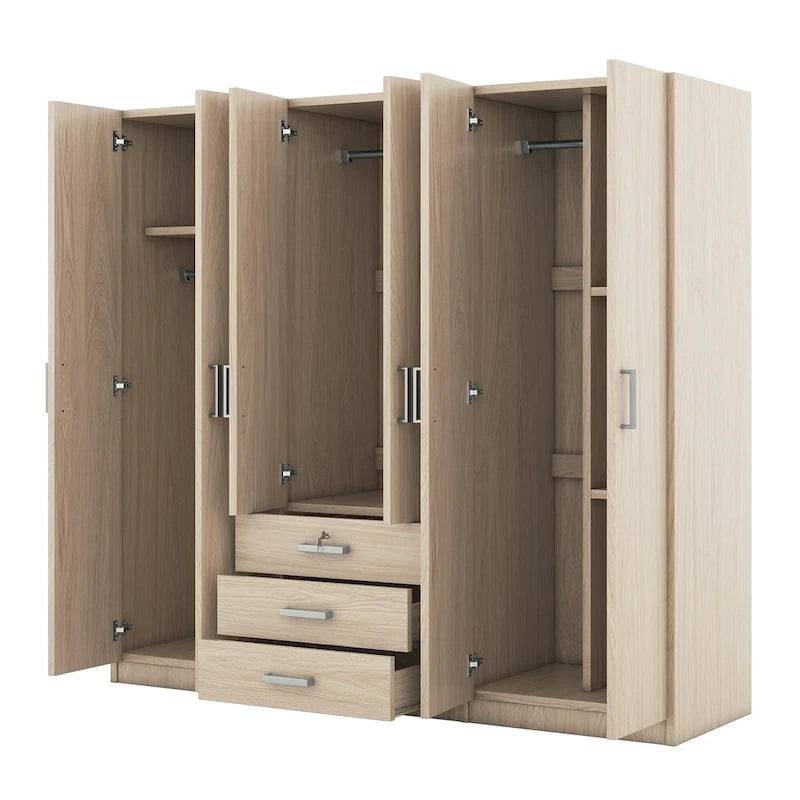 Armoire de rangement en bois à 6 portes avec 3 grands tiroirs pour chambre à coucher