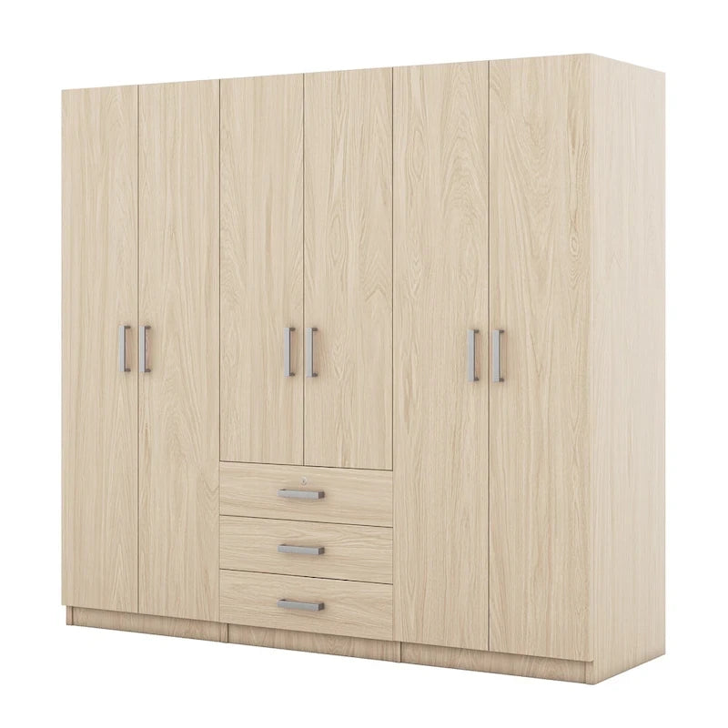 Armoire de rangement en bois à 6 portes avec 3 grands tiroirs pour chambre à coucher