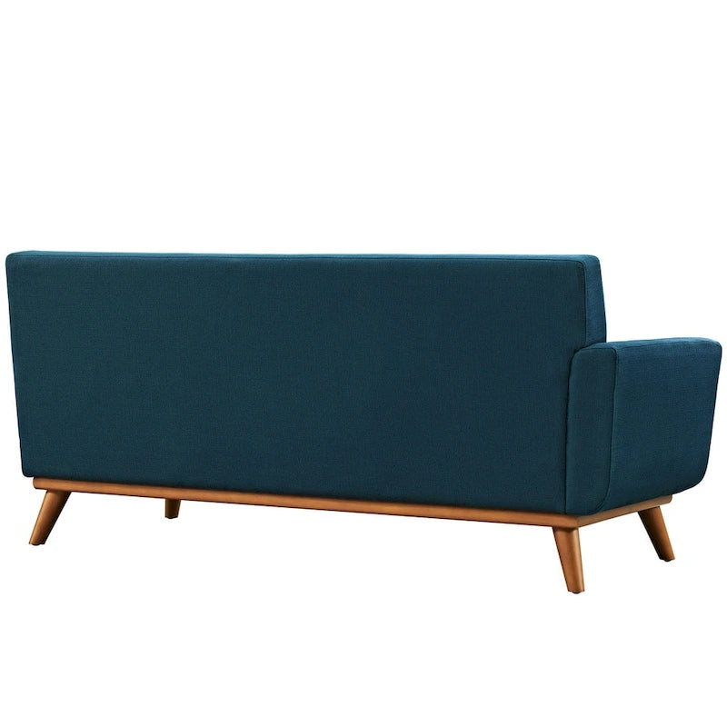 Causeuse en tissu rembourré à accoudoir gauche, style moderne du milieu du siècle, couleur azur