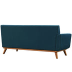 Causeuse en tissu rembourré à accoudoir gauche, style moderne du milieu du siècle, couleur azur