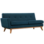 Causeuse en tissu rembourré à accoudoir gauche, style moderne du milieu du siècle, couleur azur