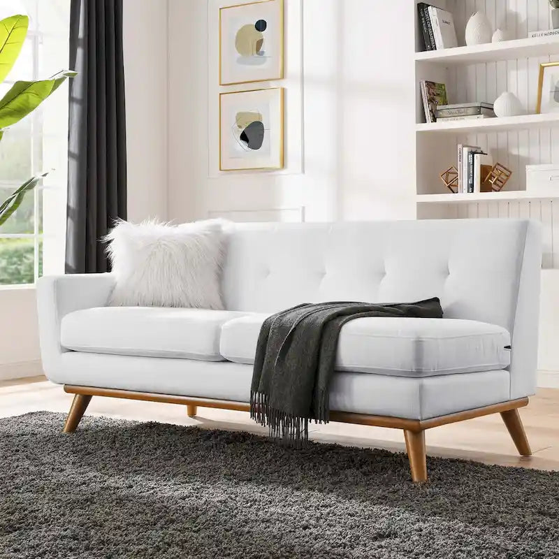 Causeuse en tissu rembourré à accoudoir gauche, style moderne du milieu du siècle, couleur azur