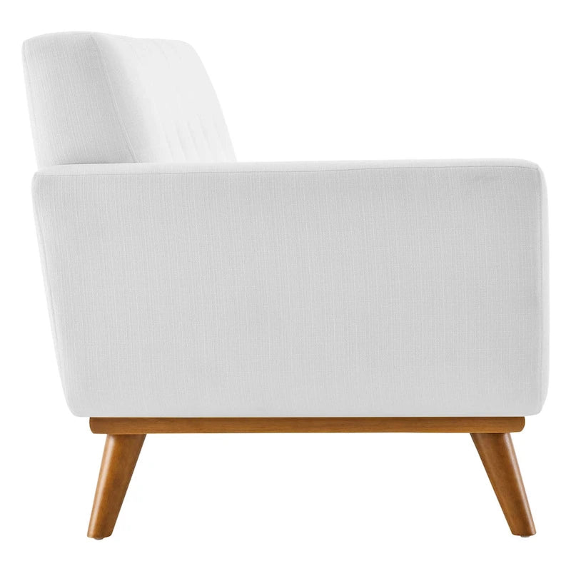 Causeuse en tissu rembourré à accoudoir gauche, style moderne du milieu du siècle, couleur azur