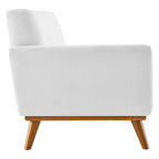 Causeuse en tissu rembourré à accoudoir gauche, style moderne du milieu du siècle, couleur azur