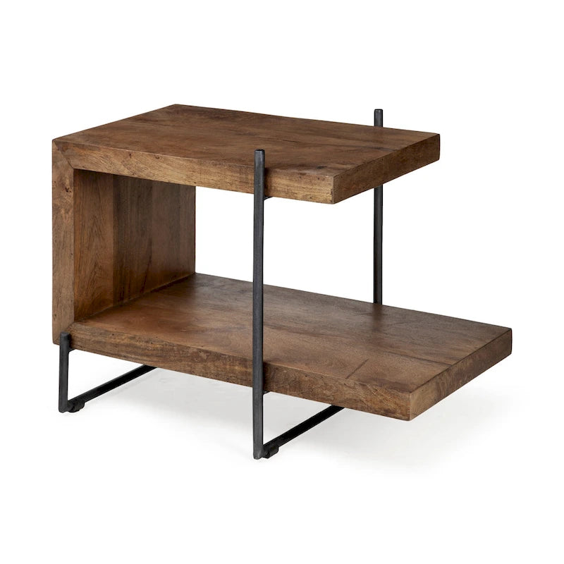 Table d'appoint/de chevet en bois massif marron moyen avec cadre en métal noir en forme de C