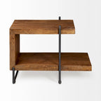 Table d'appoint/de chevet en bois massif marron moyen avec cadre en métal noir en forme de C