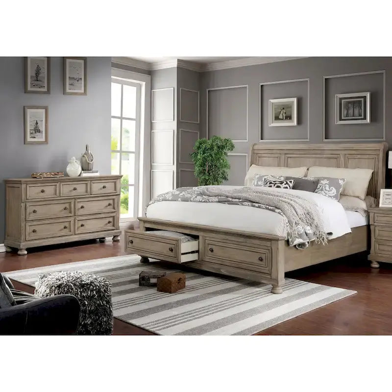 Lit traîneau et commode de rangement en bois gris de transition