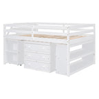 Lit mezzanine double avec bureau rétractable et 3 tiroirs, lit mezzanine en bois avec escalier de rangement et étagères, blanc
