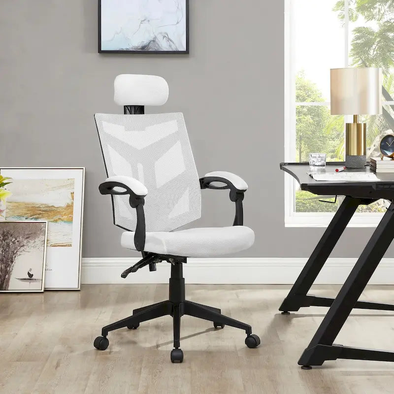 Chaise de bureau ergonomique réglable avec appui-tête Fauteuil de bureau ergonomique en maille à dossier haut avec support lombaire et roulettes