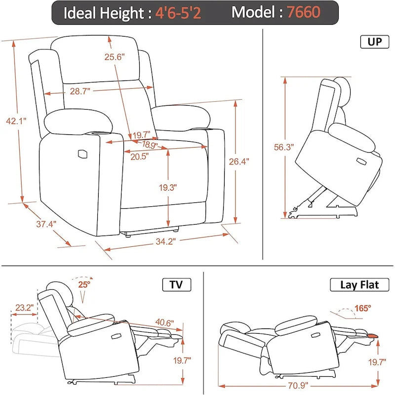 Fauteuil inclinable releveur plat avec appui-tête électrique pour les personnes âgées de petite taille, fauteuil releveur à position infinie, tissu 7660