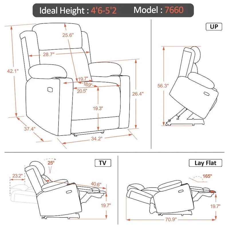 Fauteuil inclinable releveur plat avec appui-tête électrique pour les personnes âgées de petite taille, fauteuil releveur à position infinie, tissu 7660