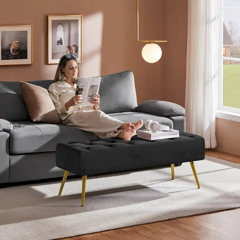 Repose-Pieds Rembourré Velours Ottoman Boutonné Banc de Table - 451617