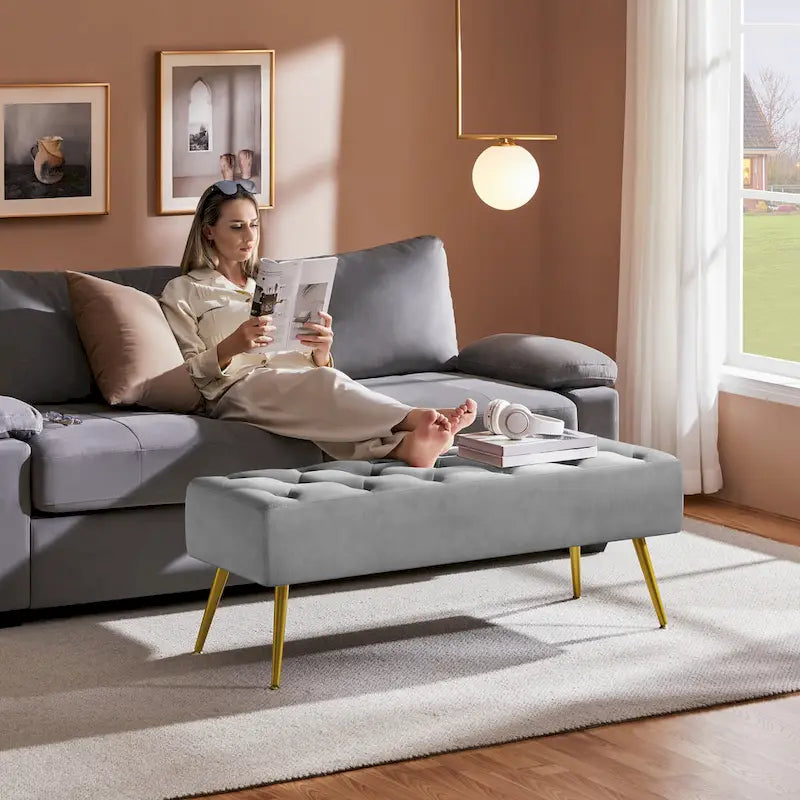Repose-Pieds Rembourré Velours Ottoman Boutonné Banc de Table - 451617