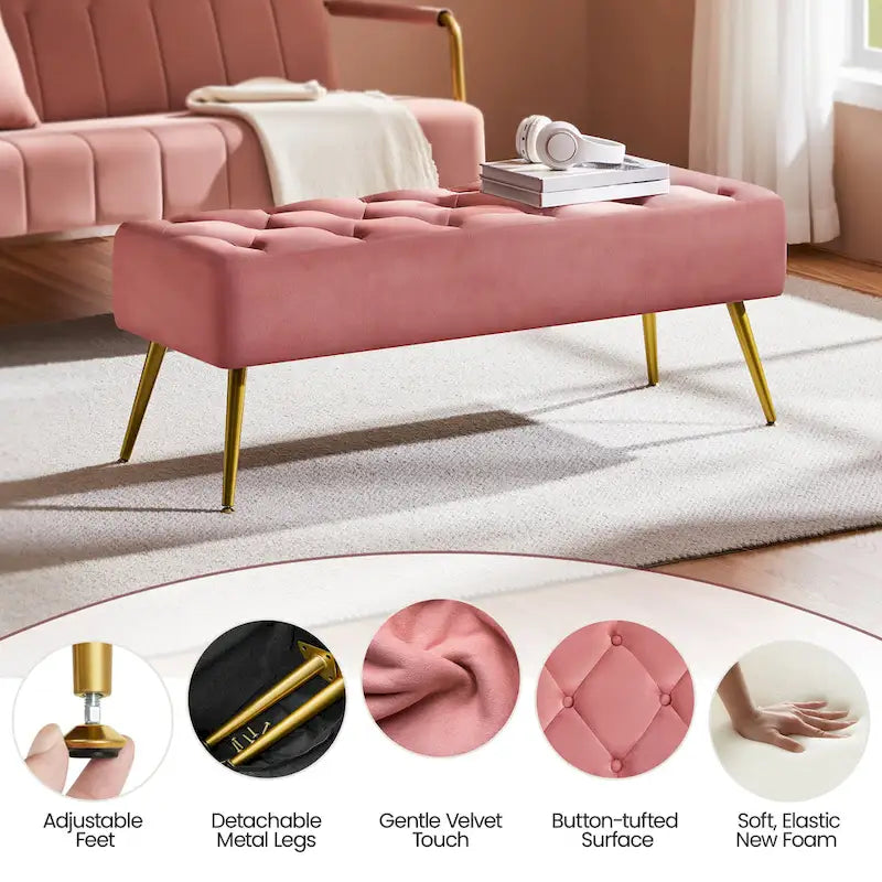 Repose-Pieds Rembourré Velours Ottoman Boutonné Banc de Table - 451617