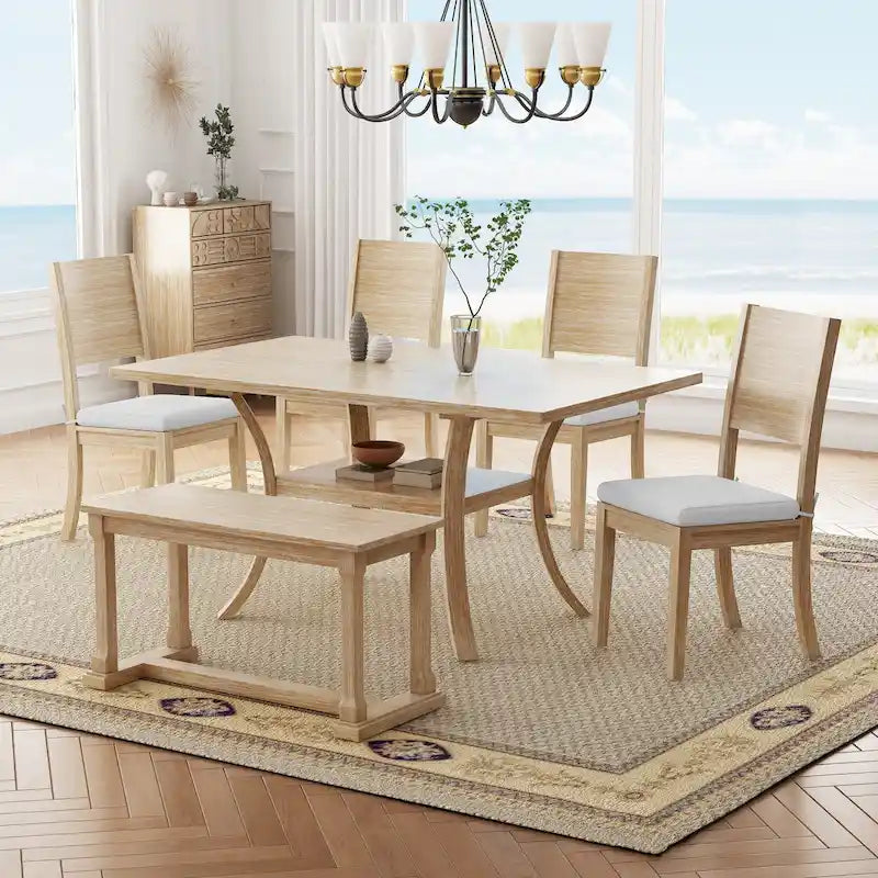 Ensemble de salle à manger 6 pièces avec étagère de rangement et pieds incurvés, ensemble de table de cuisine avec banc et 4 chaises de salle à manger à coussins amovibles