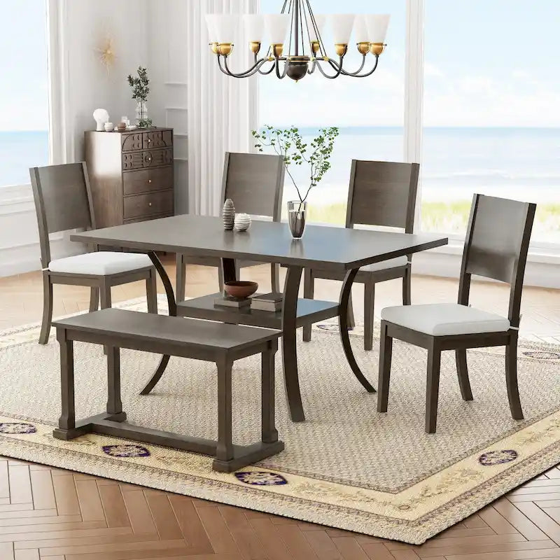 Ensemble de salle à manger 6 pièces avec étagère de rangement et pieds incurvés, ensemble de table de cuisine avec banc et 4 chaises de salle à manger à coussins amovibles