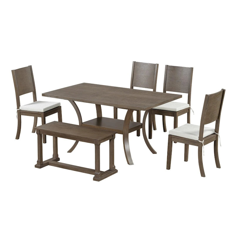 Ensemble de salle à manger 6 pièces avec étagère de rangement et pieds incurvés, ensemble de table de cuisine avec banc et 4 chaises de salle à manger à coussins amovibles