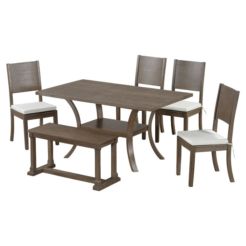 Ensemble de salle à manger 6 pièces avec étagère de rangement et pieds incurvés, ensemble de table de cuisine avec banc et 4 chaises de salle à manger à coussins amovibles